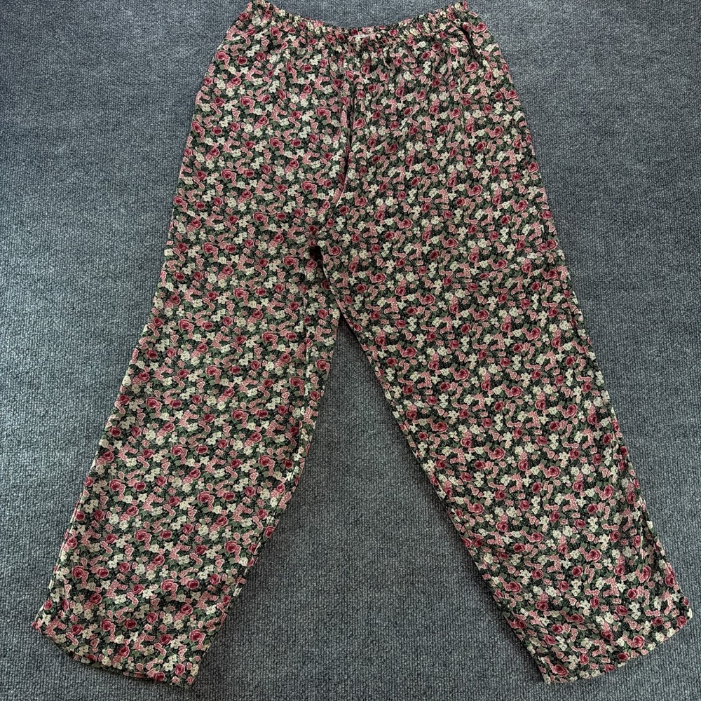 Vintage Bonjour Floral Lounge Pants Pink Rose Print Elastic Waist Straight Leg